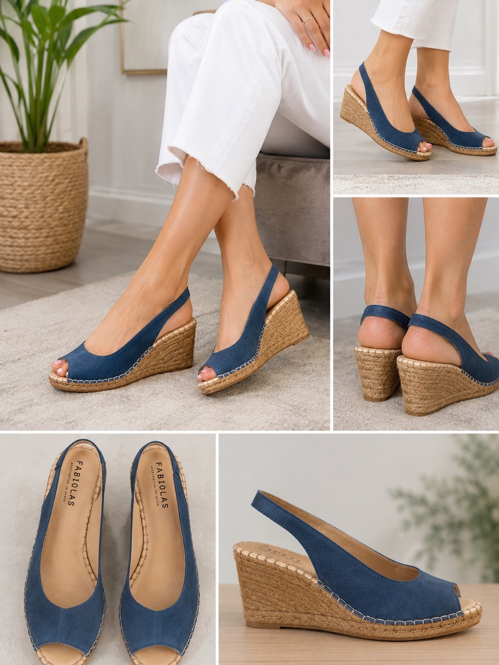 Blue Suede Peep-Toe Espadrille Wedge Slingbacks